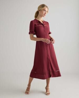 Quince Lightweight Crepe Lace Inset Maroon Midi Dress New Small